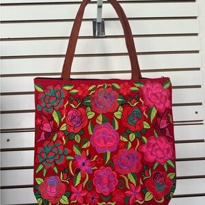 New Floral Embroidered Tote Bag - Red and Pink